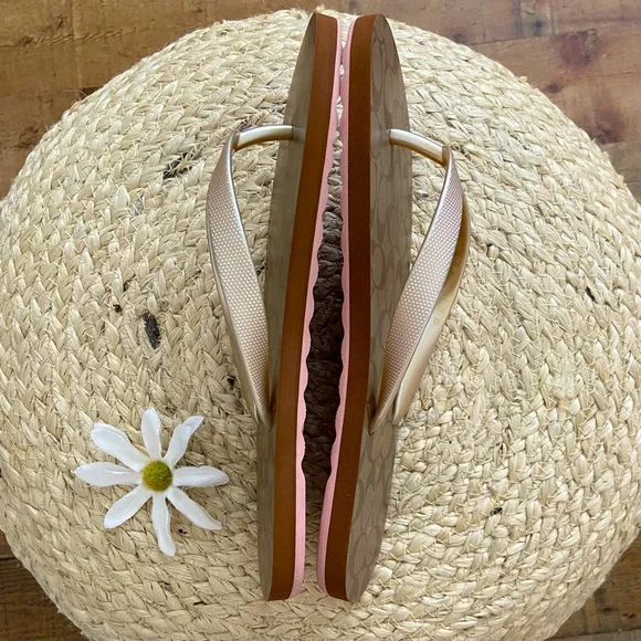 COACH ⭐️NWOT Slip On Sandals in Gold + Brown - Picture 2 of 8